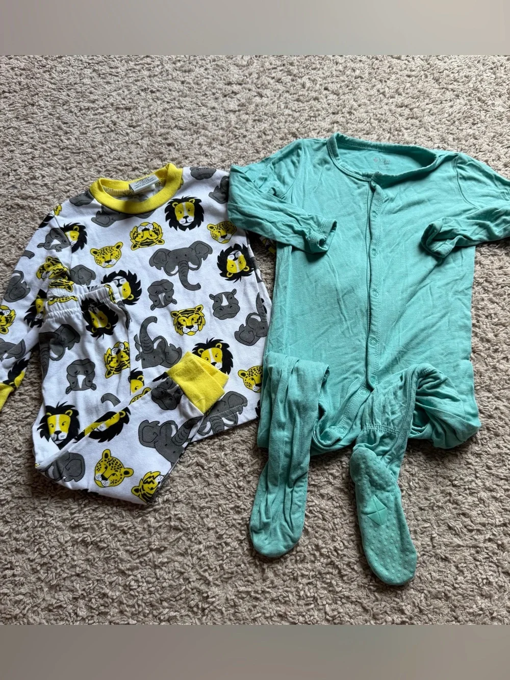 Kids One-Piece Footed Pajamas and Animal Print Pajama Set - Teal and Yellow